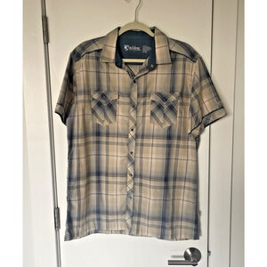 Kuhl Men's Large Konquer Tan Plaid Pearl Snap Outdoor Casual Hiking Shirt 7152